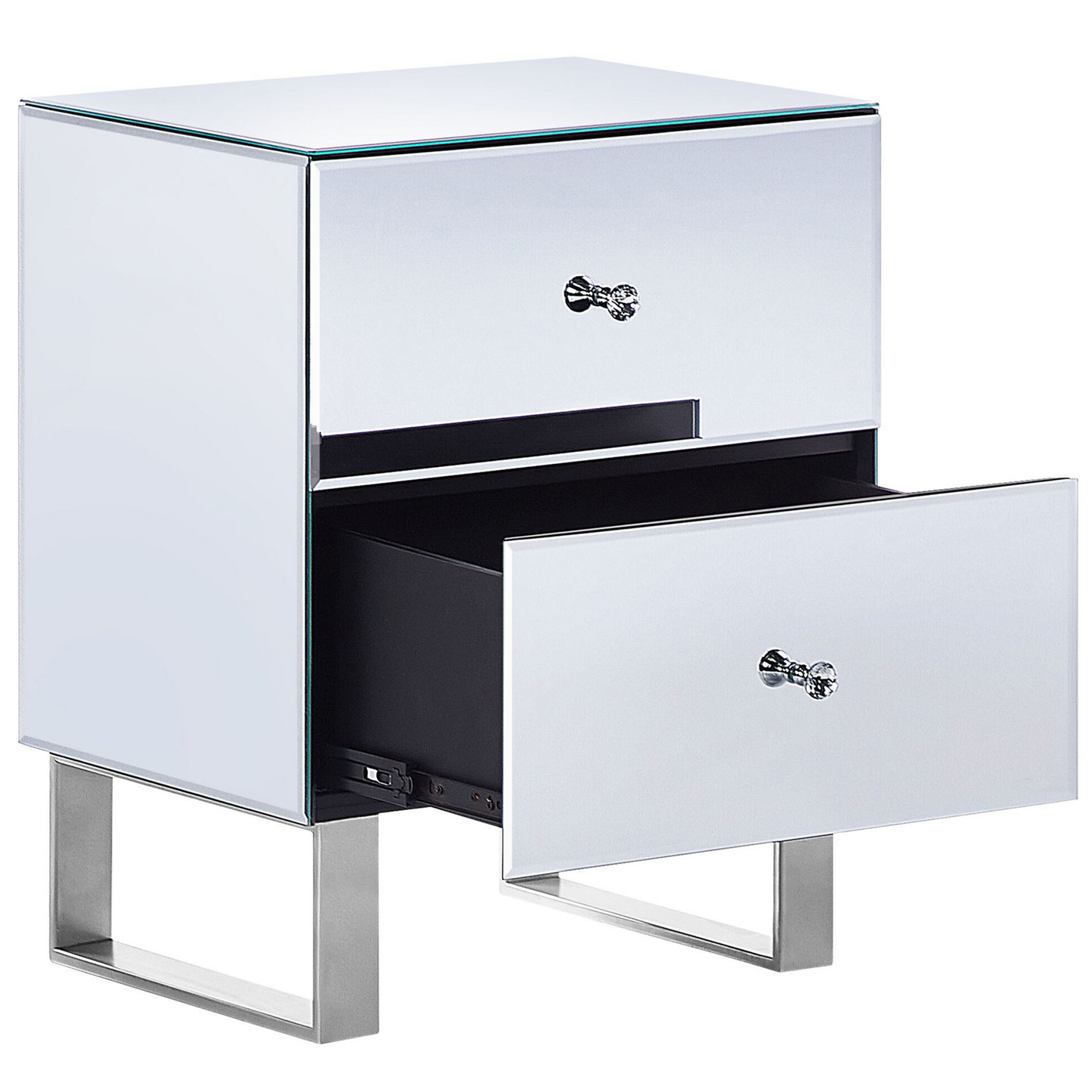 Glamora 2 Drawer Mirrored Bedside Table Silver Glass Crystal Knob