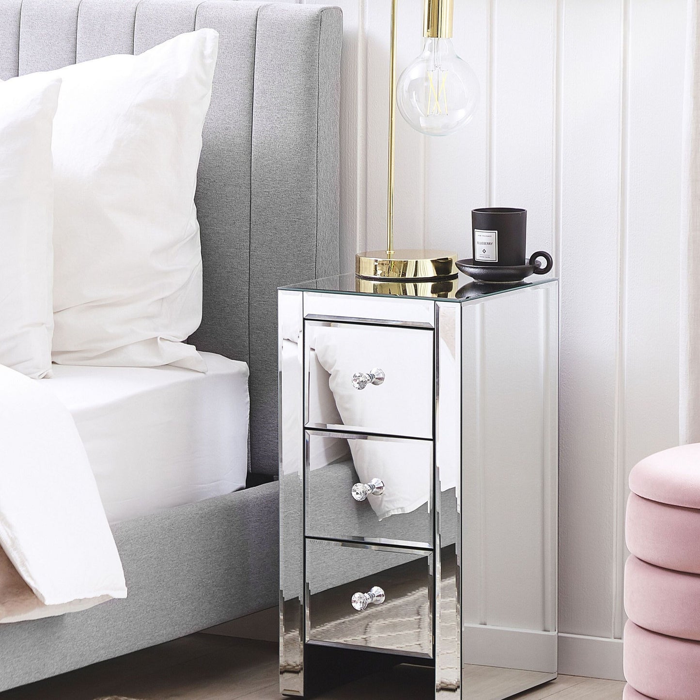 Living Silver Mirrored Glass 3 Drawer Nightstand 60 x 30 x 30cm