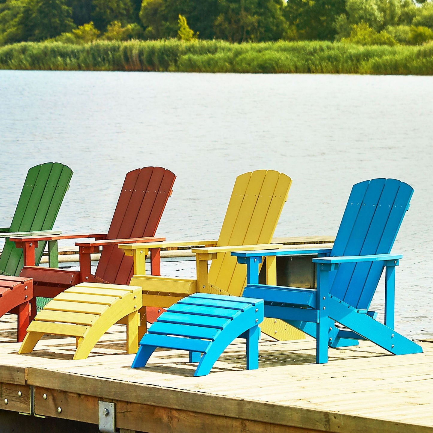 Garden Chair Blue Faux Wood With Footstool Weather Resistant Modern Outdoor