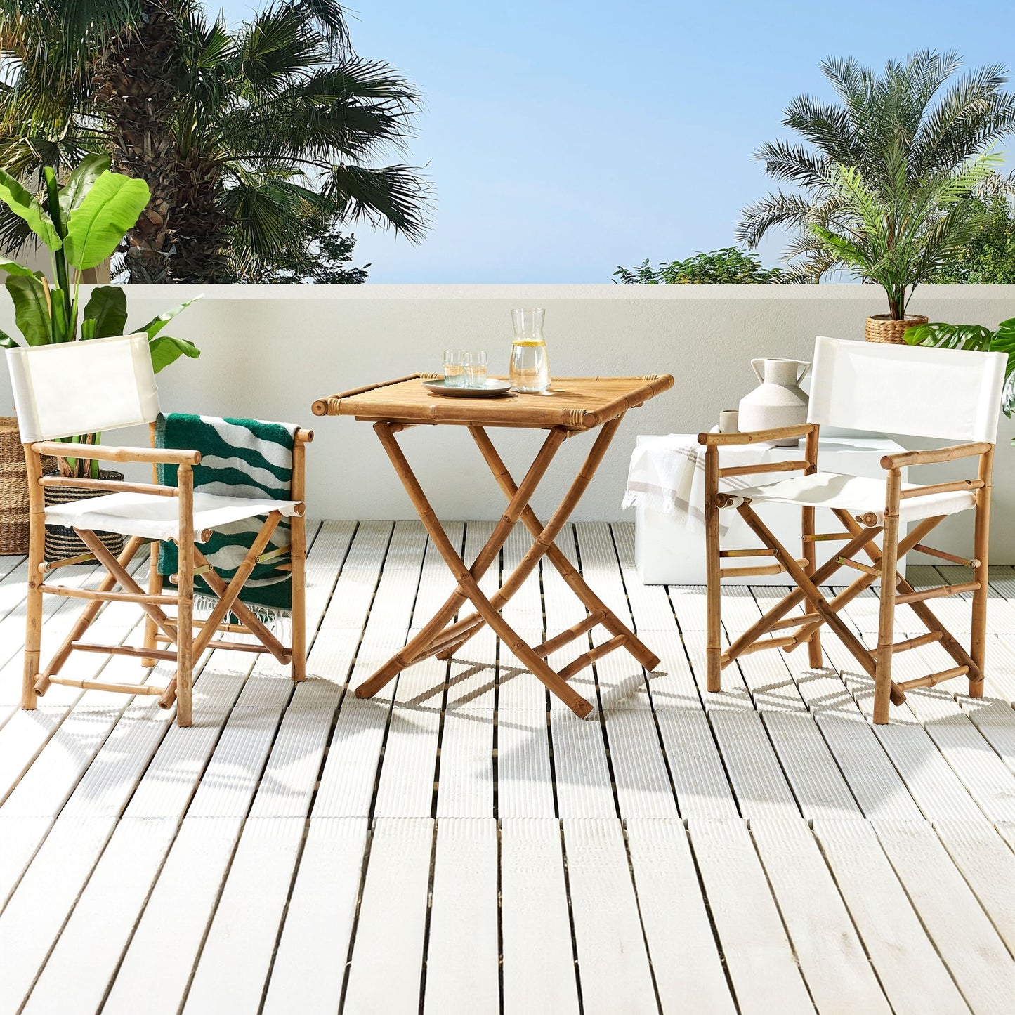 Set Of 2 Natural Wood Folding Directors Chairs With Side Table For Indoor And Outdoor Use