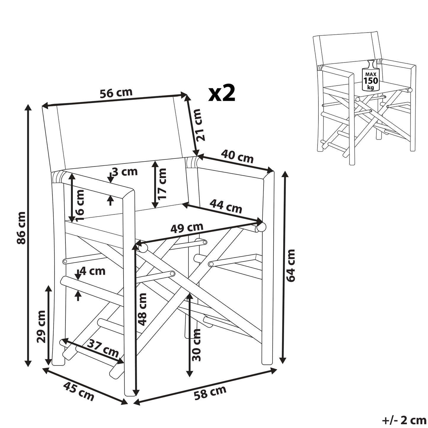 Set Of 2 Natural Wood Folding Directors Chairs With Side Table For Indoor And Outdoor Use
