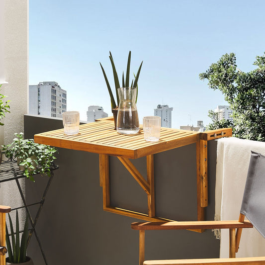 Acacia Living Balcony Hanging Table Folding 60 x 55cm Light Brown Outdoor Deck Rail