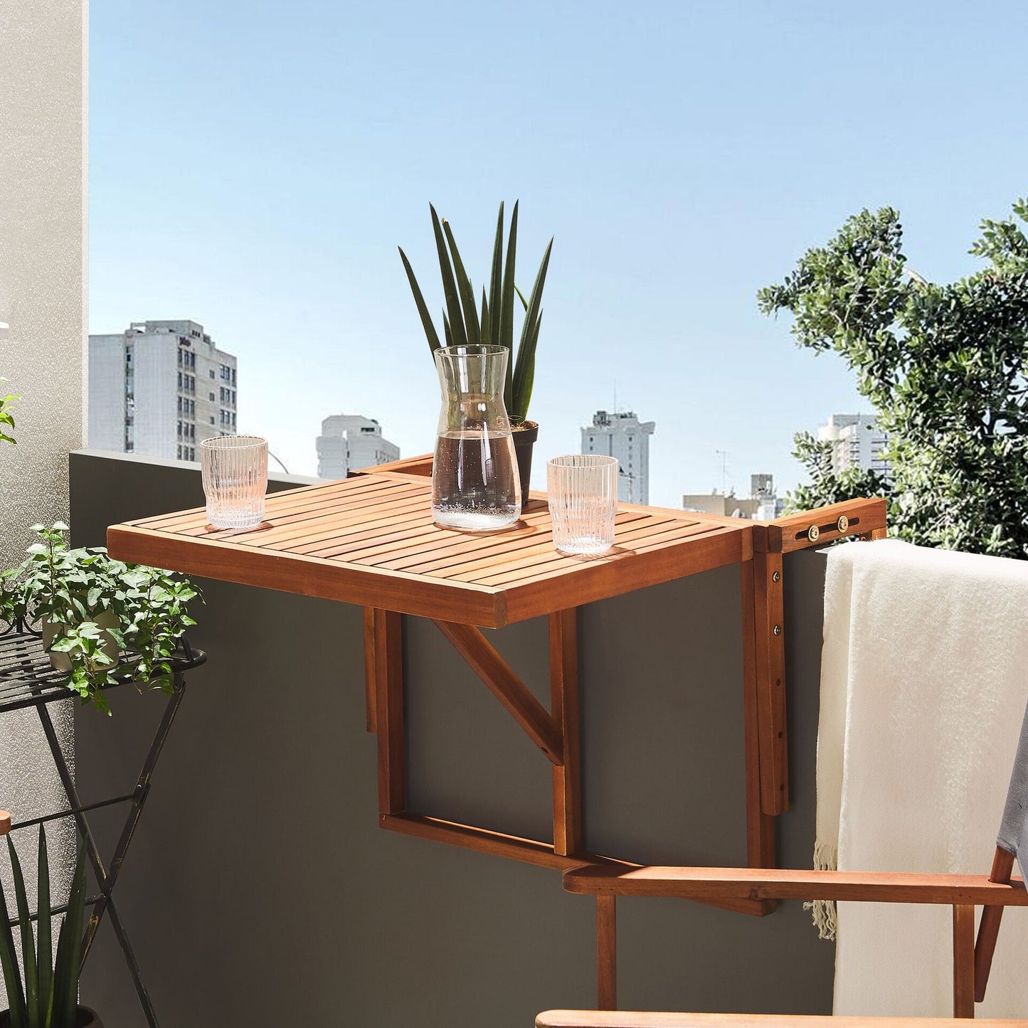 Balcony Hanging Table Dark Brown Acacia Folding 60 x 55cm