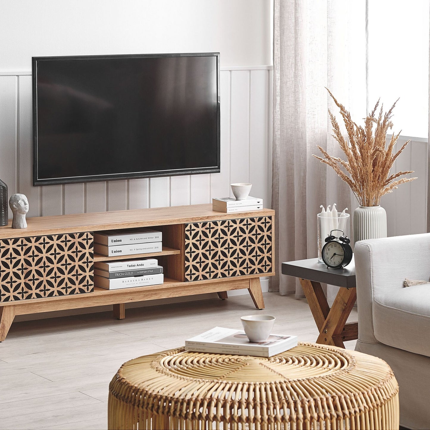 Sablon TV Stand Laminate Light Brown MDF Doors And Cable Management