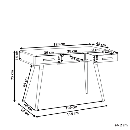 Desk White Grey 120 x 45cm 2 Drawers Shelf Wood Legs
