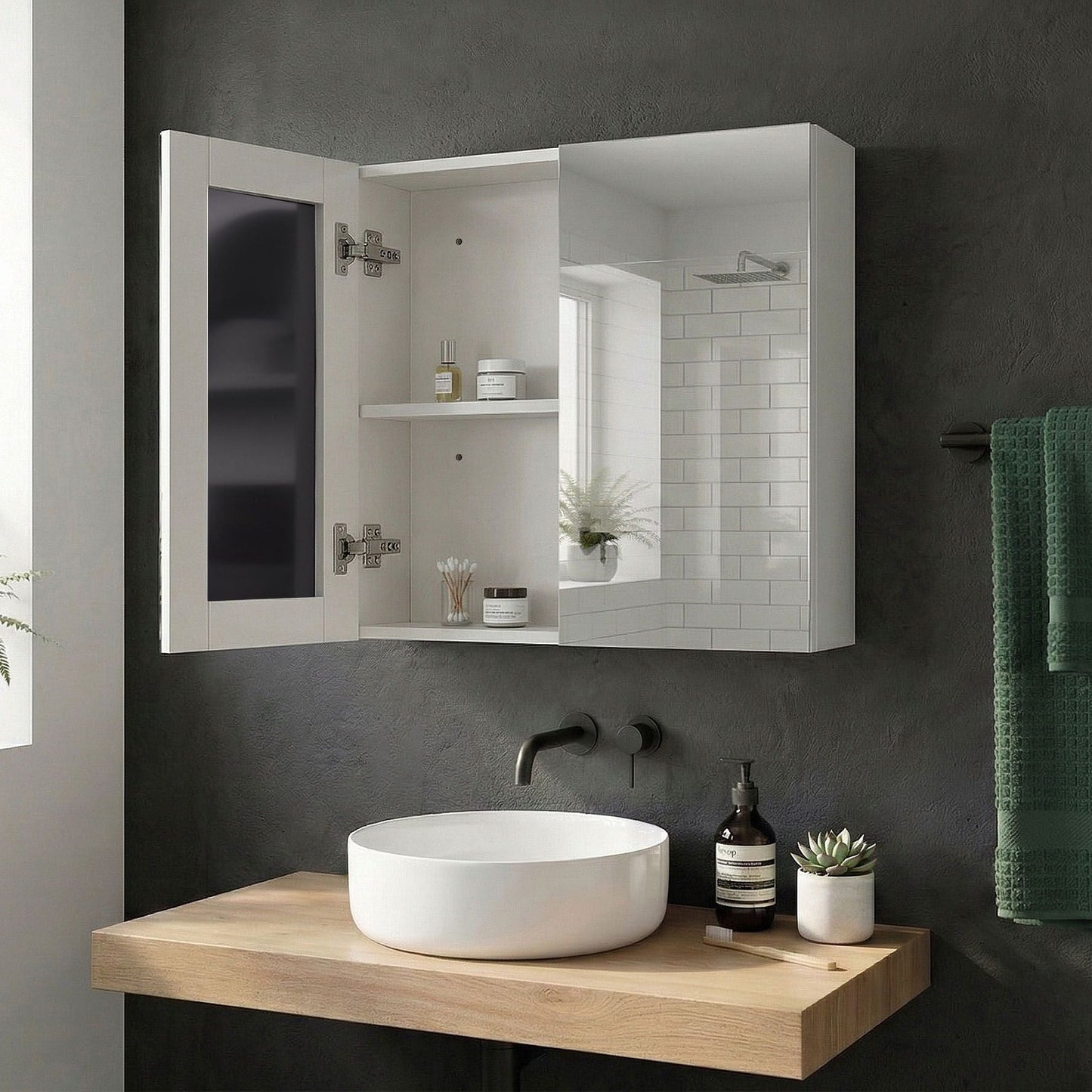 White Plywood Bathroom Mirror Cabinet 60 x 60cm Hanging 2 Door With Shelves