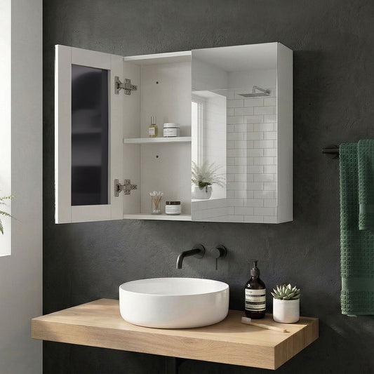 White Plywood Bathroom Mirror Cabinet 60 x 60cm Hanging 2 Door With Shelves
