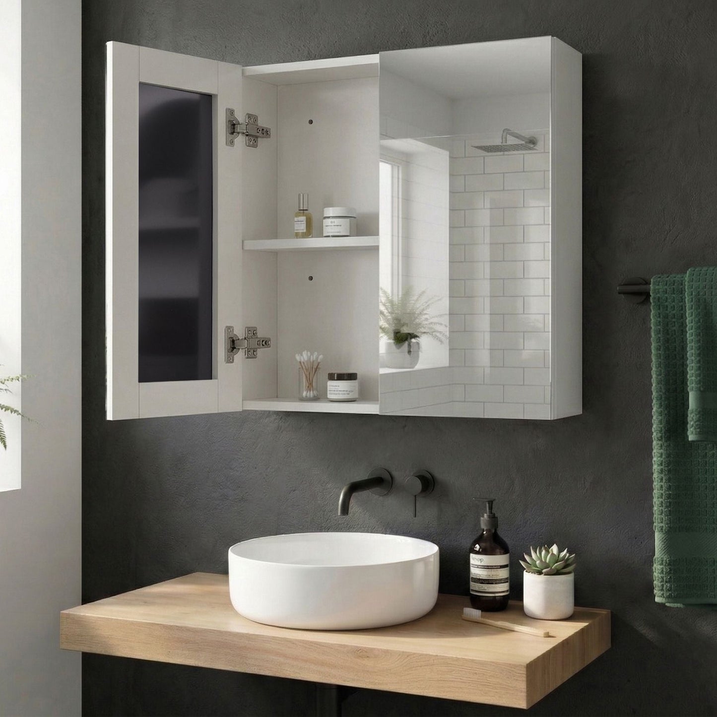 Bathroom Mirror Cabinet White Plywood 80 x 70cm Hanging Two Door With Shelves