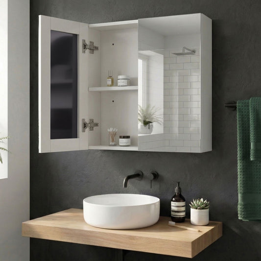Bathroom Mirror Cabinet White Plywood 80 x 70cm Hanging Two Door With Shelves