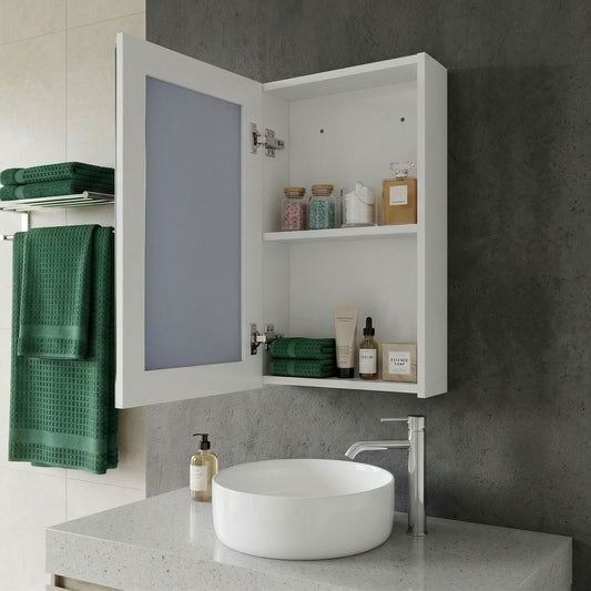 Bathroom Mirror Cabinet White 40 x 60cm Modern With Hidden Shelf For Toiletries And Front Mirror
