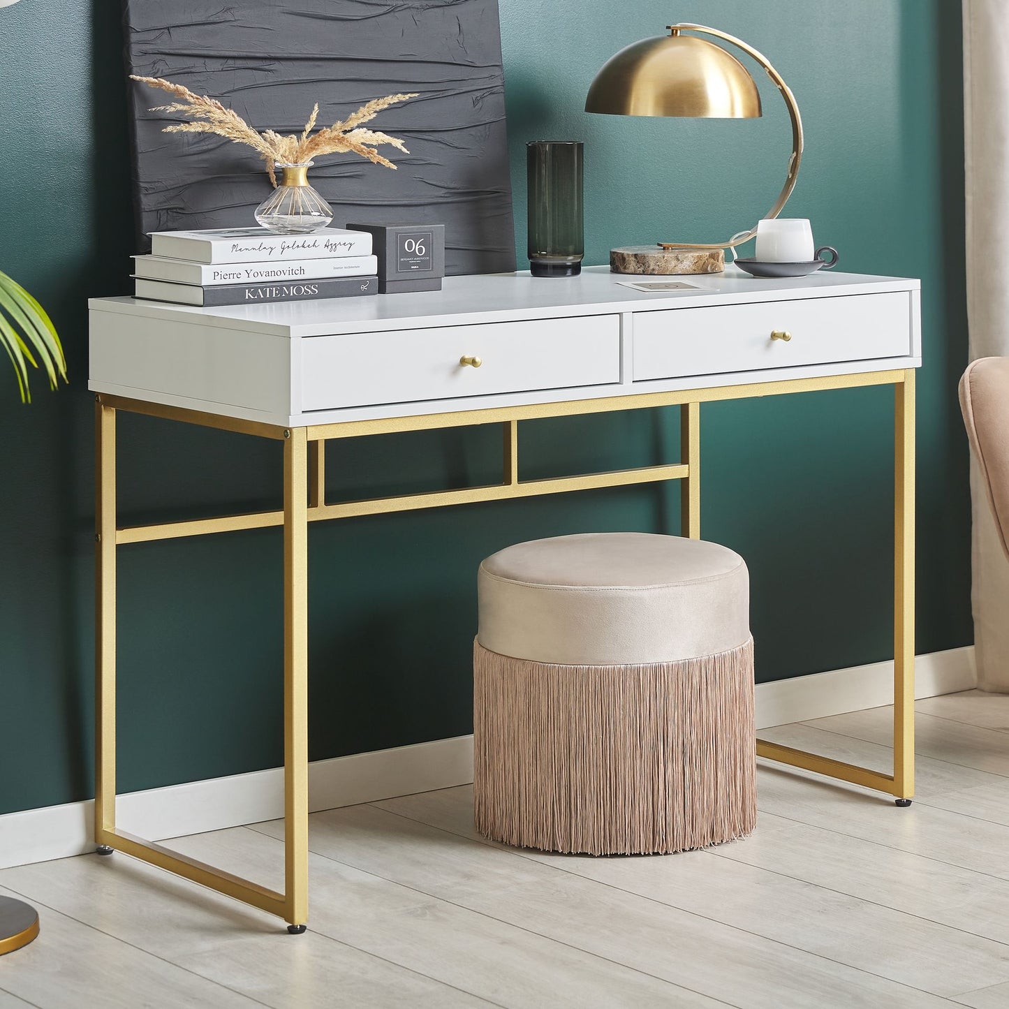 Console Table White 2 Drawers 100 x 48cm With Golden Base