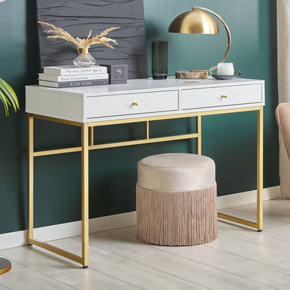 Console Table White 2 Drawers 100 x 48cm With Golden Base