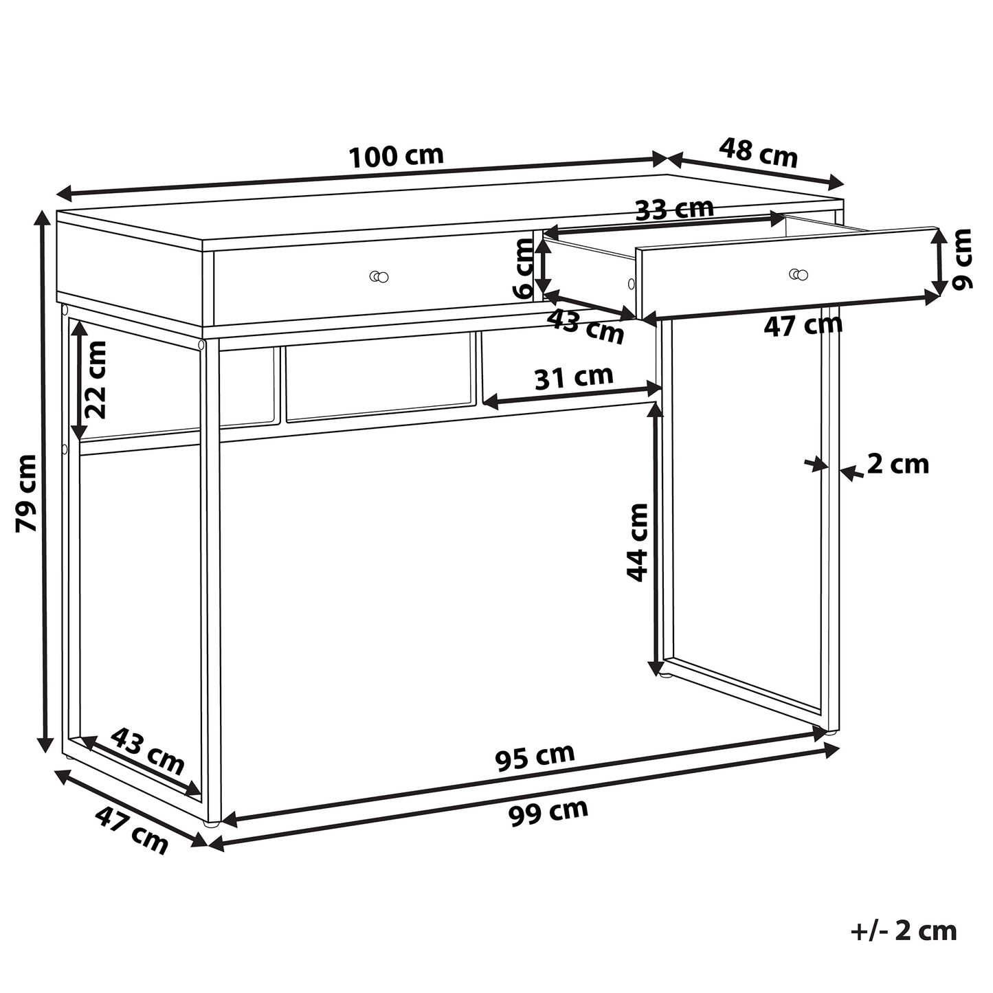 Console Table White 2 Drawers 100 x 48cm With Golden Base