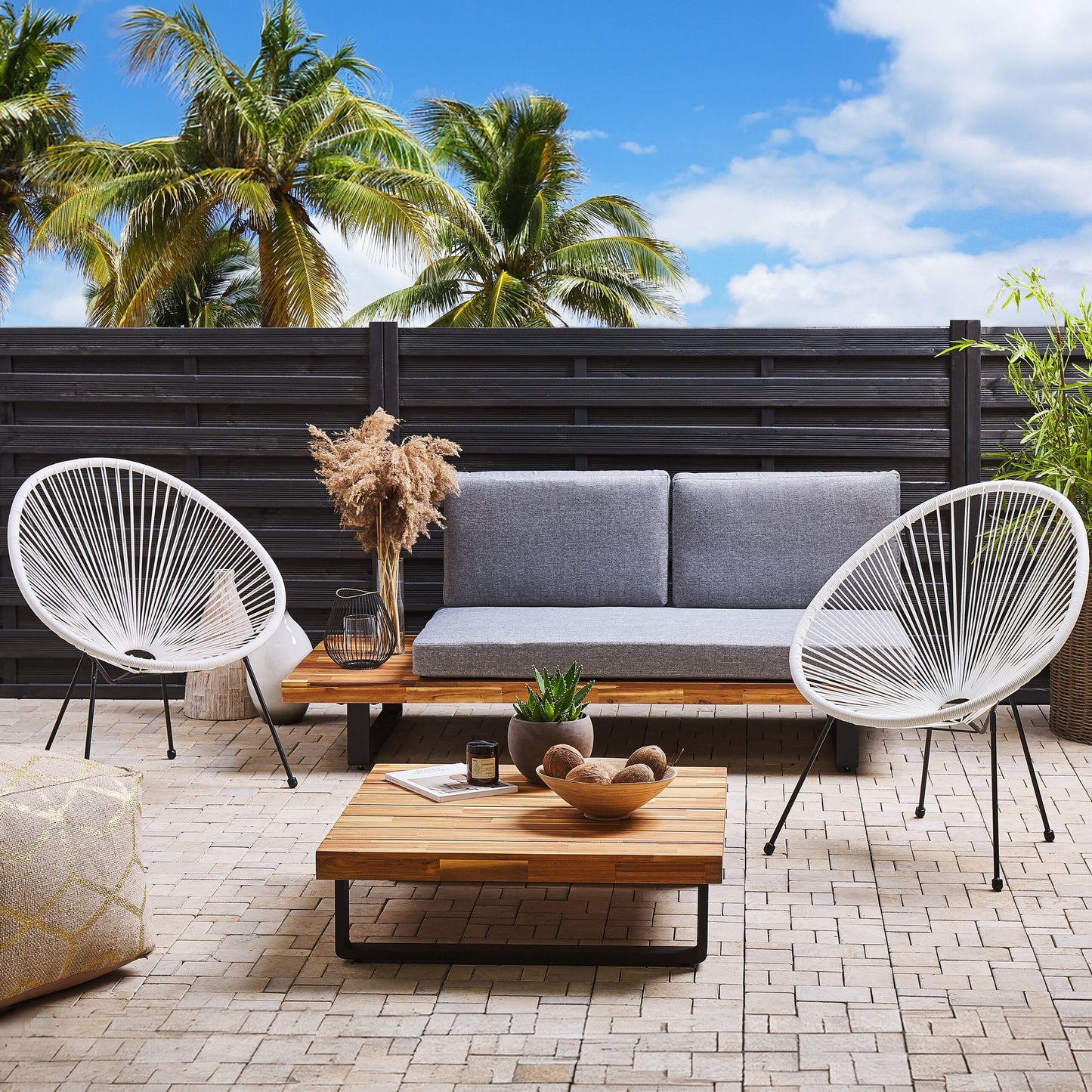 Garden Chair White PE Rattan Papasan Modern Round Indoor Outdoor Lounge Set Two Piece