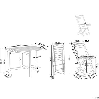 Acacia Wood Bistro Set Light Colour Extending Table With Two Folding Chairs 80 x 95cm Rustic Balcony Garden