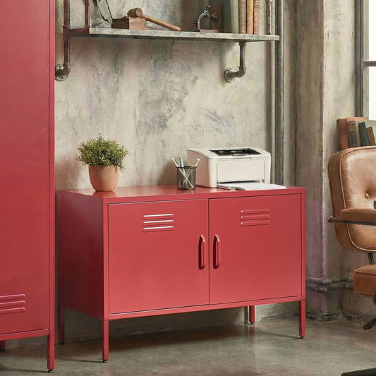 Red Steel 2 Door Industrial Sideboard For Home Office Storage