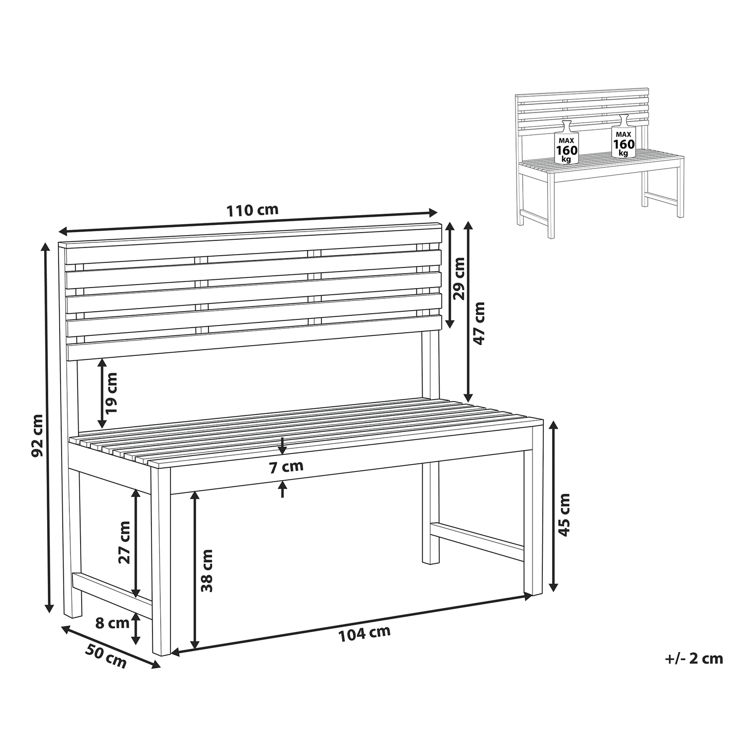 Acacia Outdoor Bench 2 Seater 50 x 110cm Weather Resistant