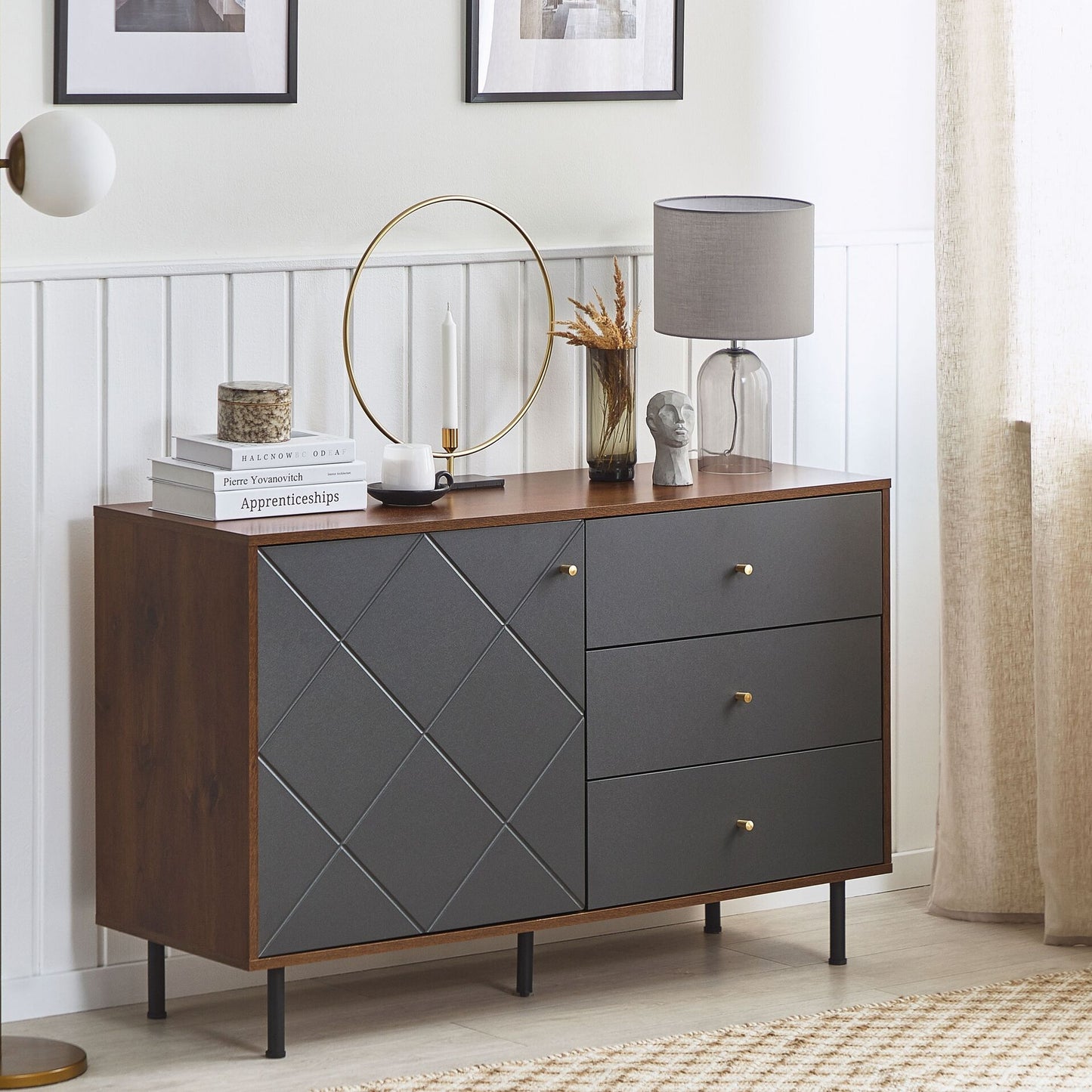 Sideboard Dark Wood Grey 118 x 40cm 3 Drawers 1 Cabinet