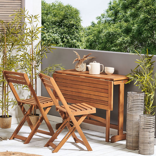 Acacia Wood Bistro Set Light Colour Extending Table With Two Folding Chairs 80 x 95cm Rustic Balcony Garden