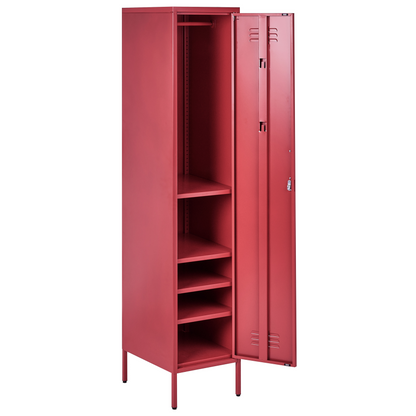 Red Metal Storage Cabinet With 5 Shelves And Rail