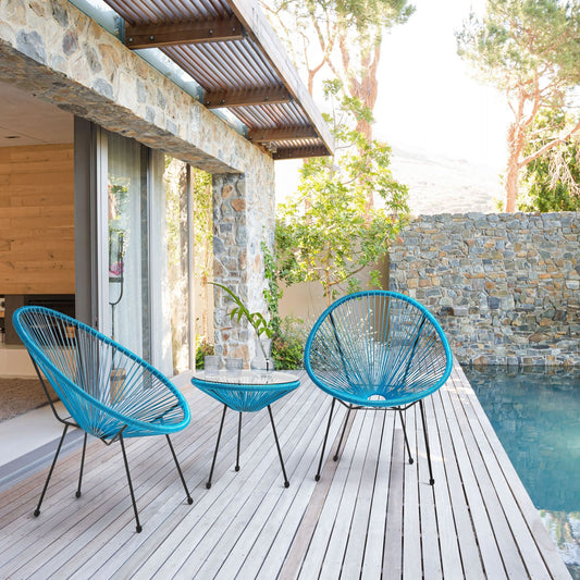 Bistro Blue PE Rattan 3 Piece Two Seater Set With Deep Seat Chairs And Coffee Table