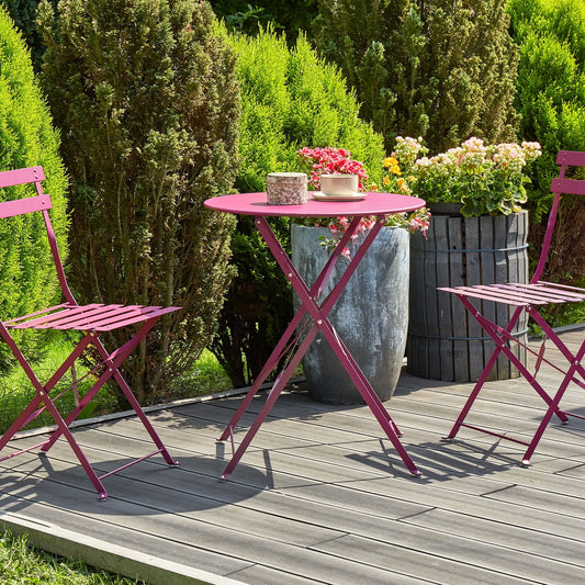 Burgundy Red Metal Folding Slatted Back 3 Piece Bistro Set