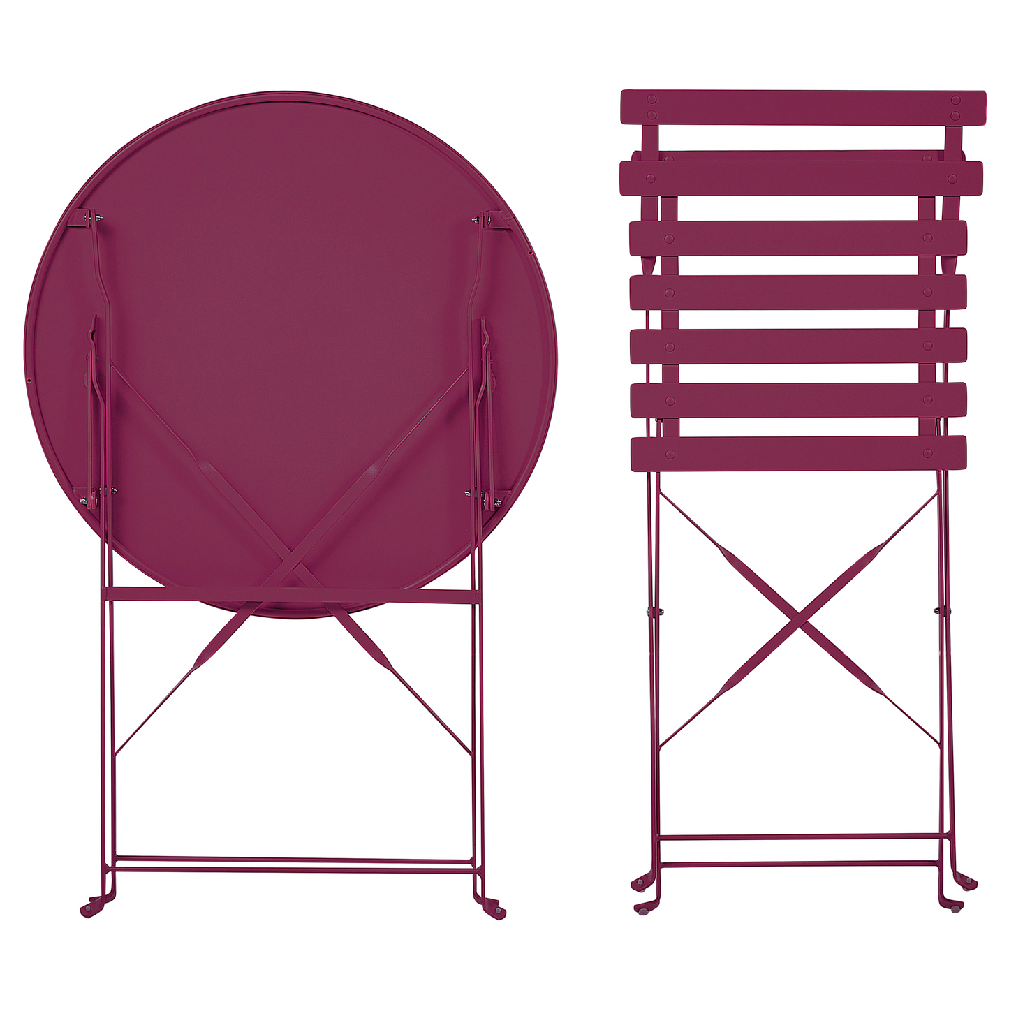 Burgundy Red Metal Folding Slatted Back 3 Piece Bistro Set