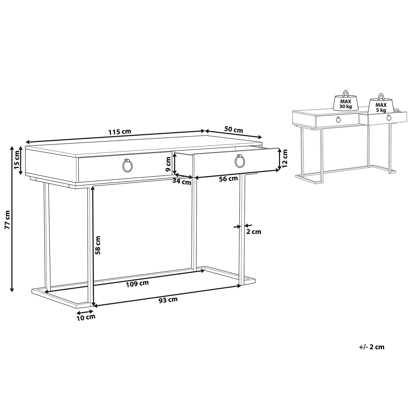 Console Table White 2 Drawers Gold Base 115 x 50cm