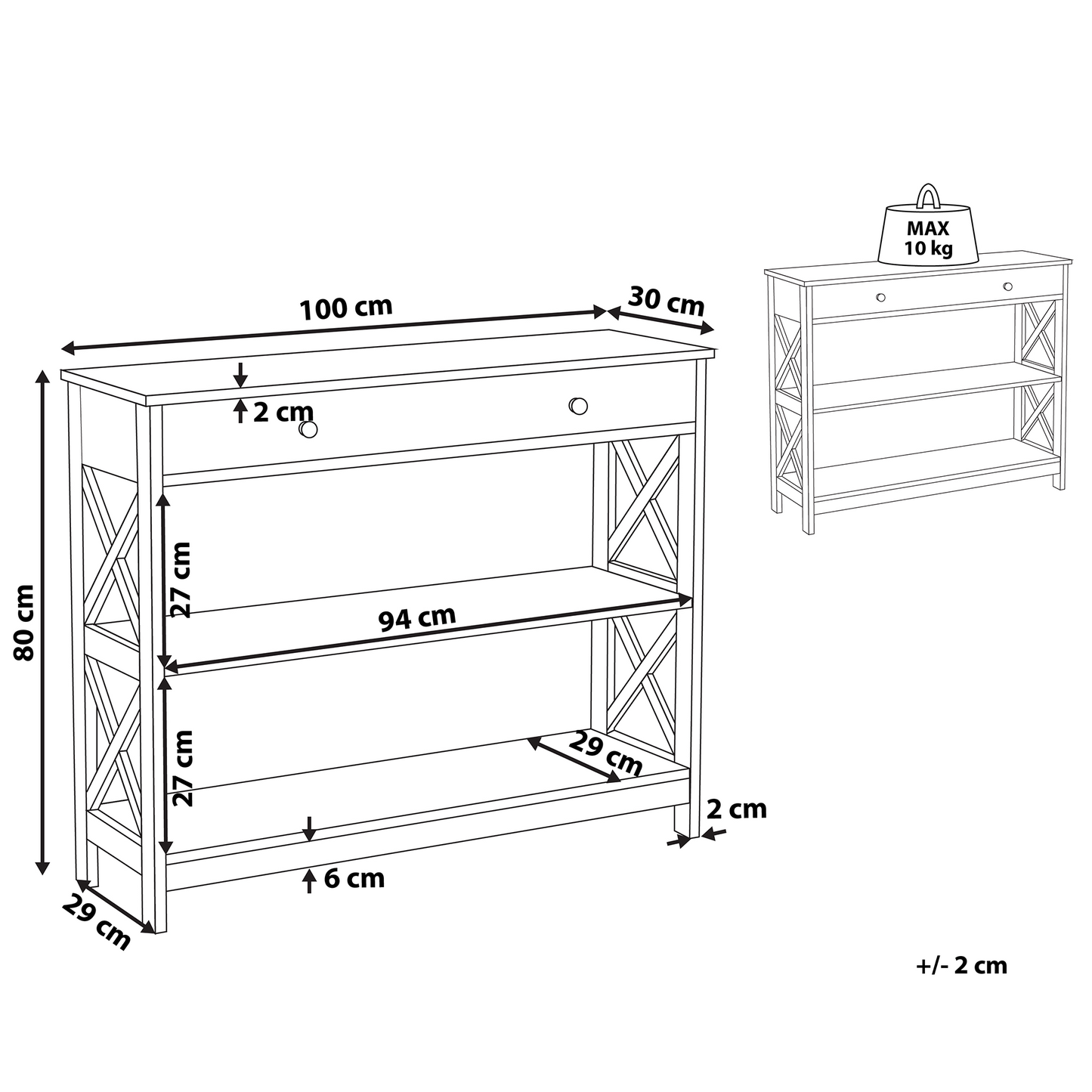 Sideboard 100 x 30cm Black With 1 Drawer And 2 Shelves