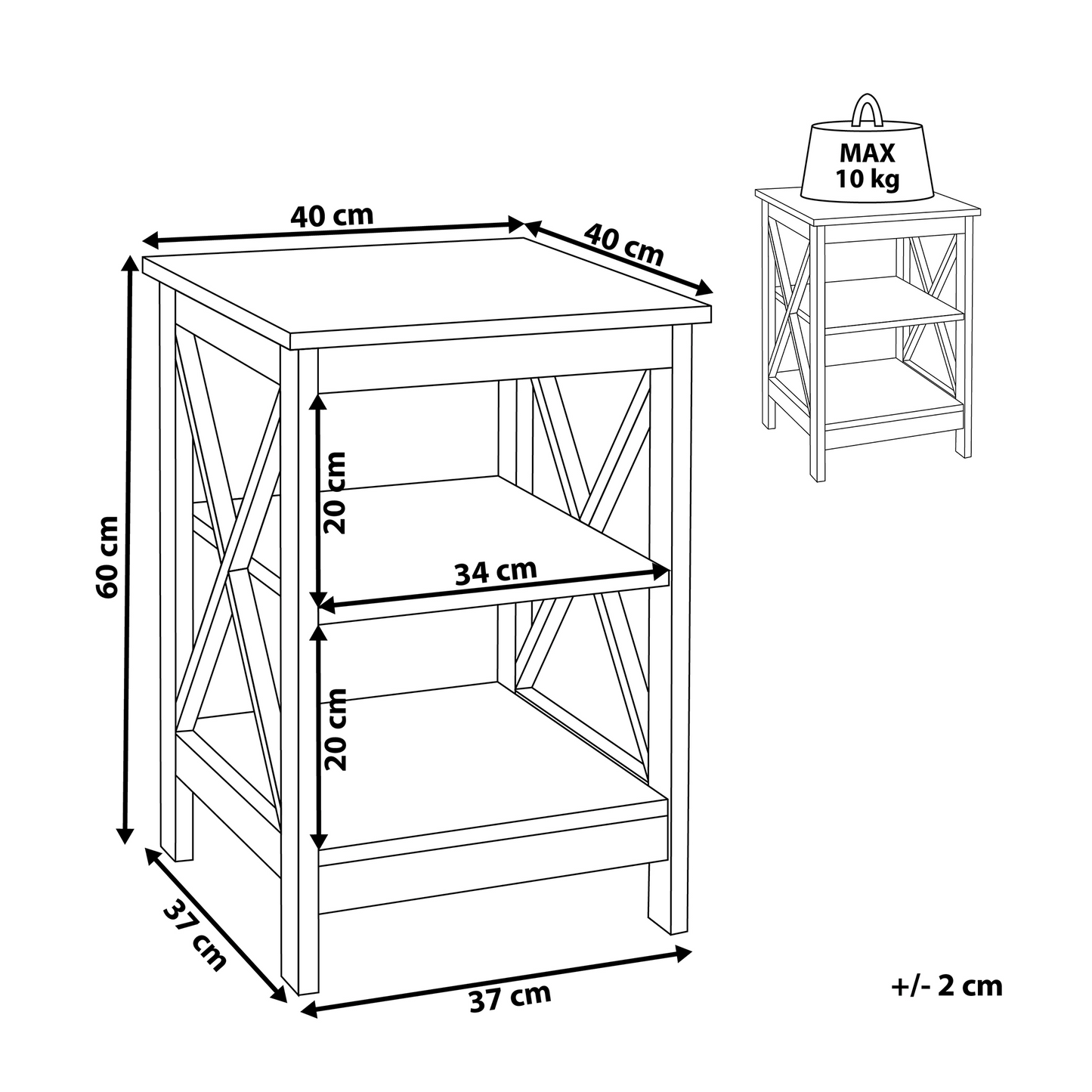 Side Table Black 40 x 40cm 2-Tier Storage Shelves Minimalist Scandinavian