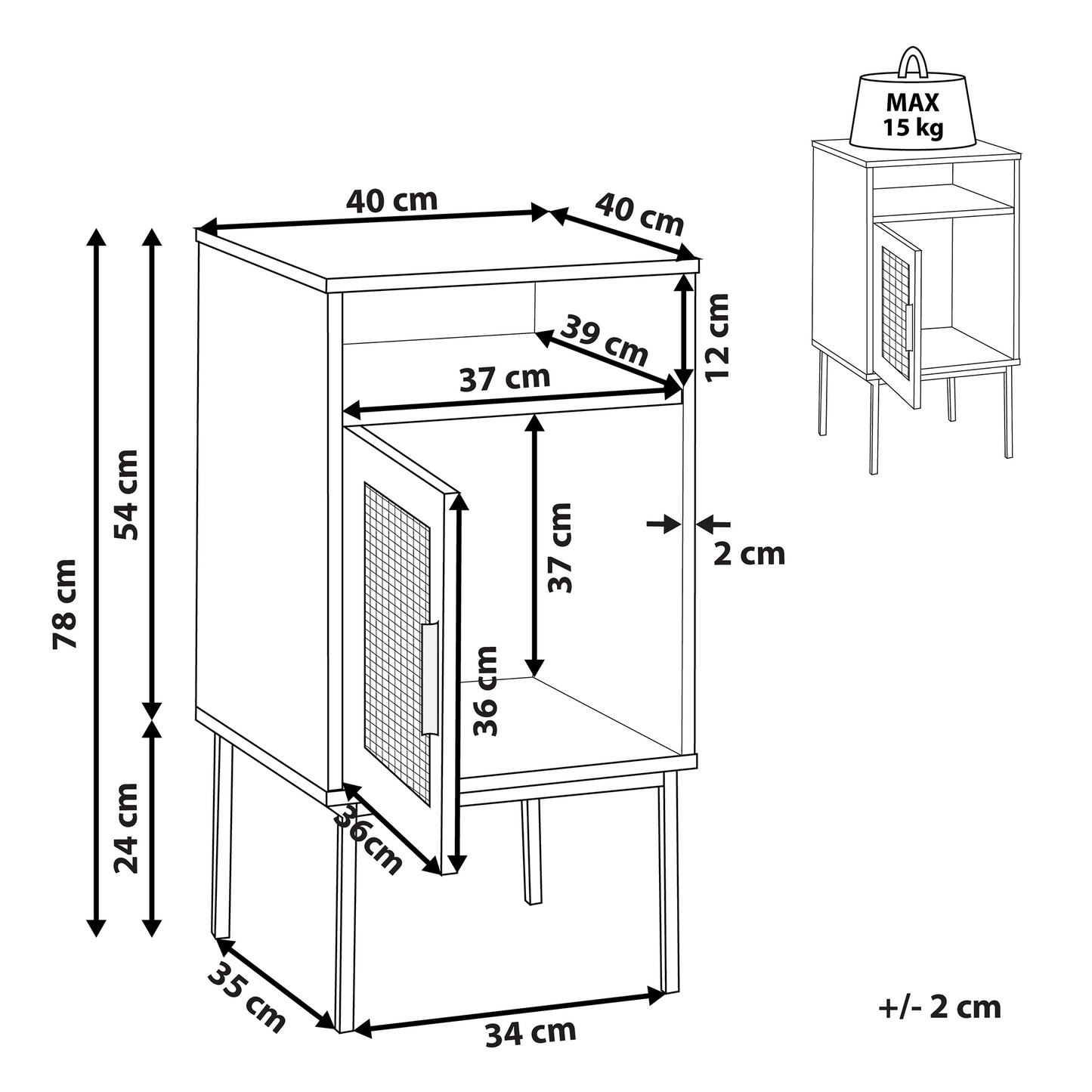 Bedside Table Rattan 40 x 40cm Boho Metal Legs