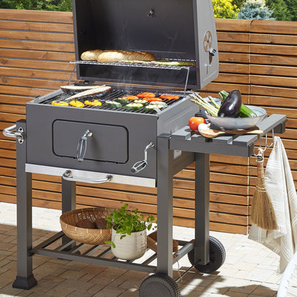 Charcoal BBQ Grill With Lid Thermometer Wheels Two Shelves