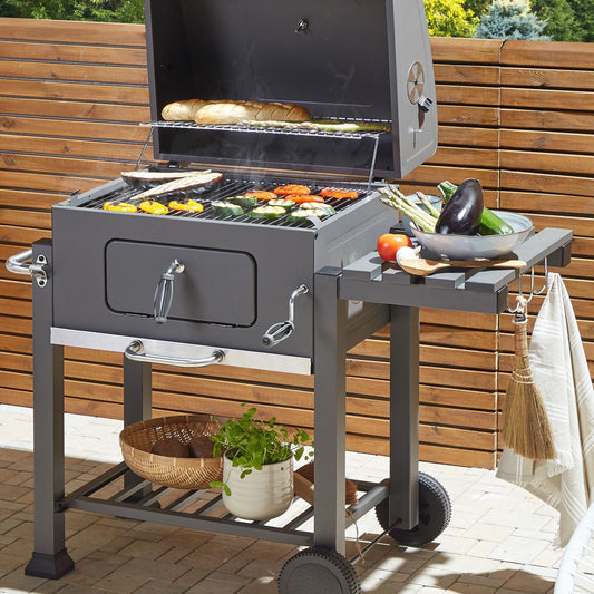 Charcoal BBQ Grill With Lid Thermometer Wheels Two Shelves
