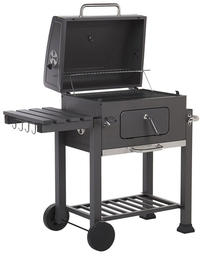 Charcoal BBQ Grill With Lid Thermometer Wheels Two Shelves