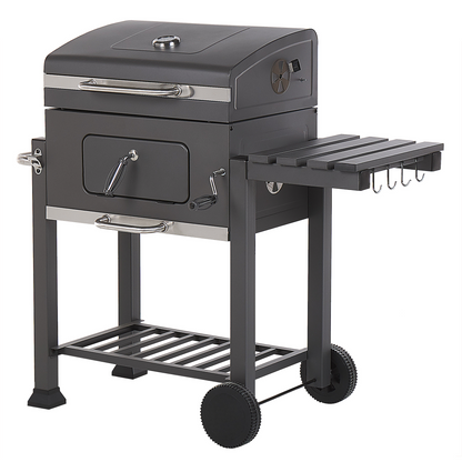 Charcoal BBQ Grill With Lid Thermometer Wheels Two Shelves