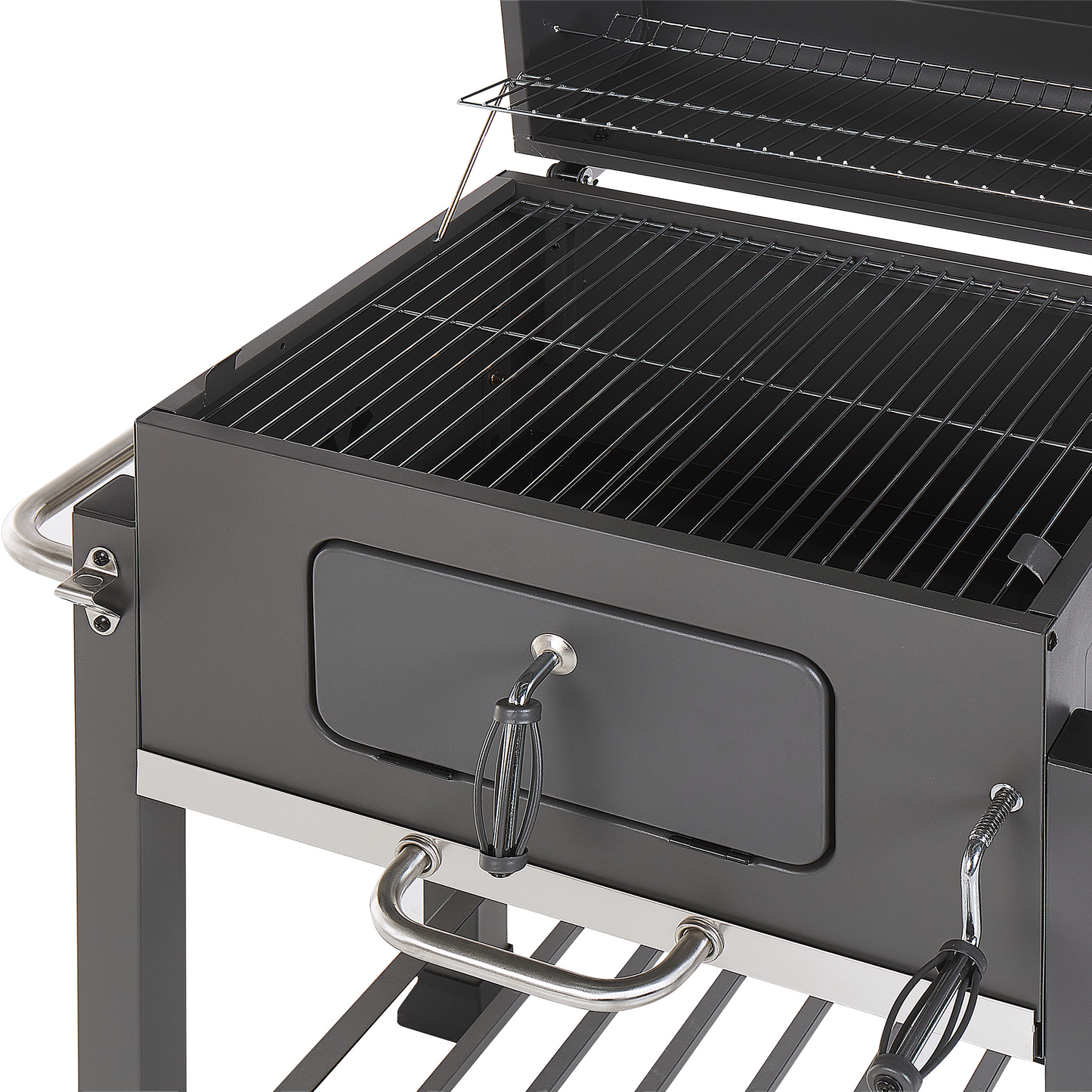 Charcoal BBQ Grill With Lid Thermometer Wheels Two Shelves