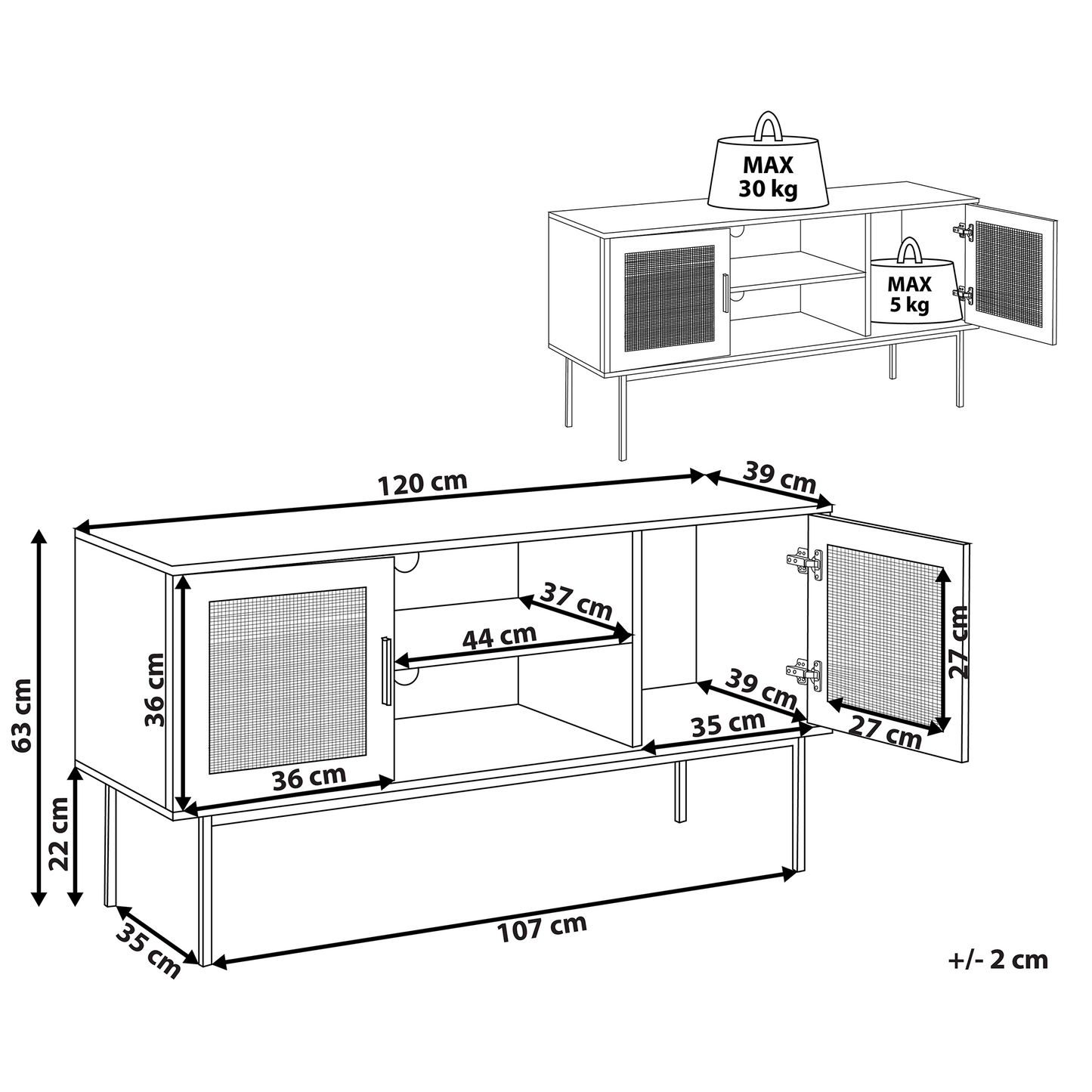 2 Door TV Stand Natural Rattan Front 120 x 63cm