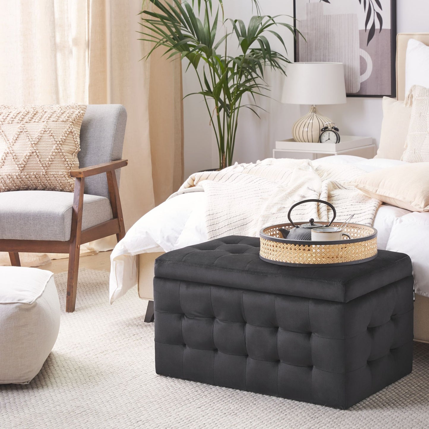Luxor Black Velvet Tufted Storage Ottoman Bench