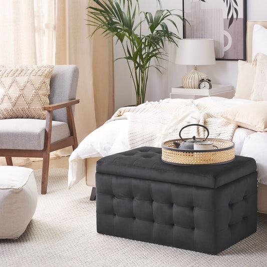 Luxor Black Velvet Tufted Storage Ottoman Bench