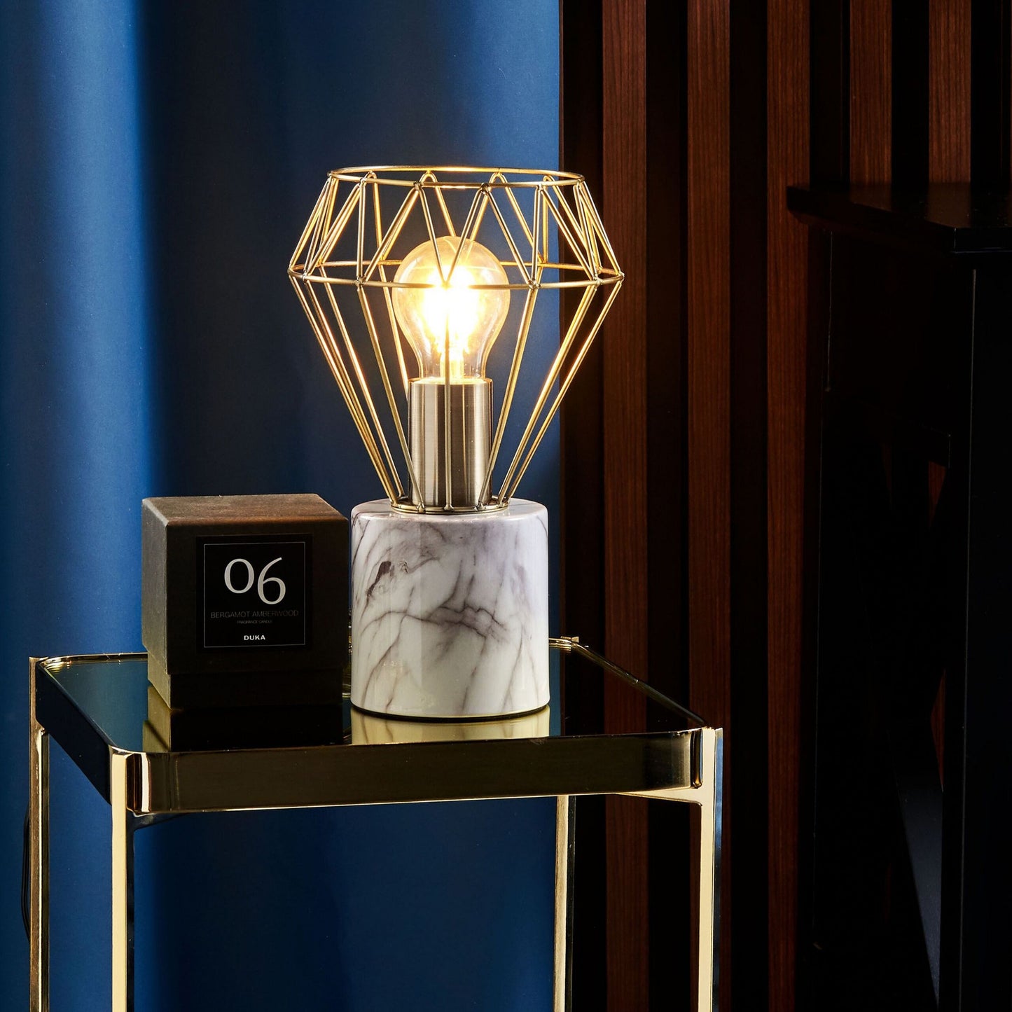 Table Lamp Bedside Light With Diamond Cage Shade And Marble Look Round Base