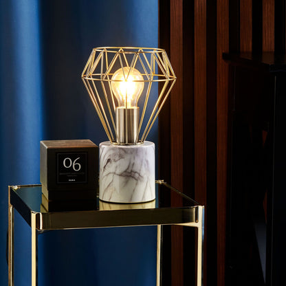 Table Lamp Bedside Light With Diamond Cage Shade And Marble Look Round Base