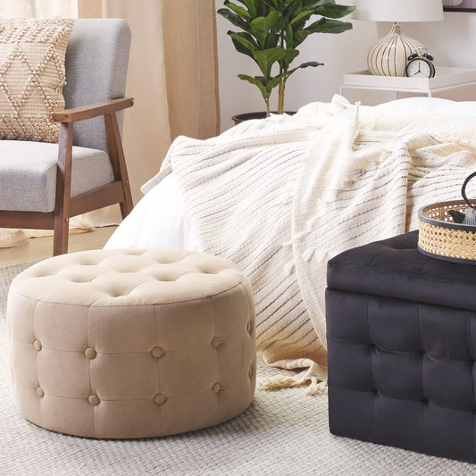 Footstool Beige Velvet Round Pouffe Button Tufted