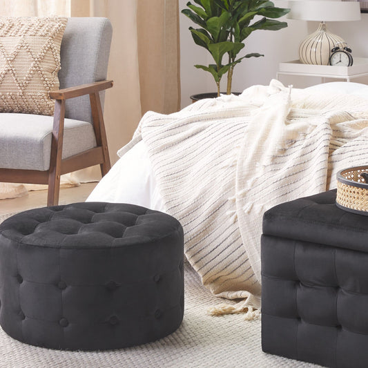 Black Velvet Round Footstool With Button Tufting