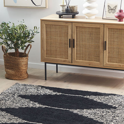 Cotton Area Rug 140 x 200cm Black and White Geometric Scandinavian With Protective Underlay
