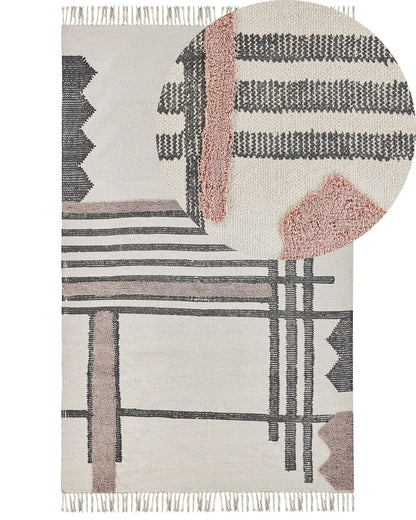 Nordic Loom Handwoven Cotton Area Rug 140 x 200 Beige Black Fringe