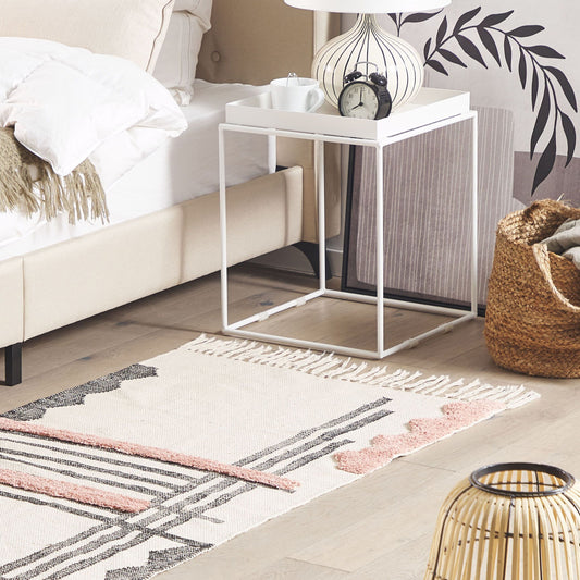 Handwoven Cotton Area Rug 80 X 150cm Beige Black Fringe Scandinavian Pattern