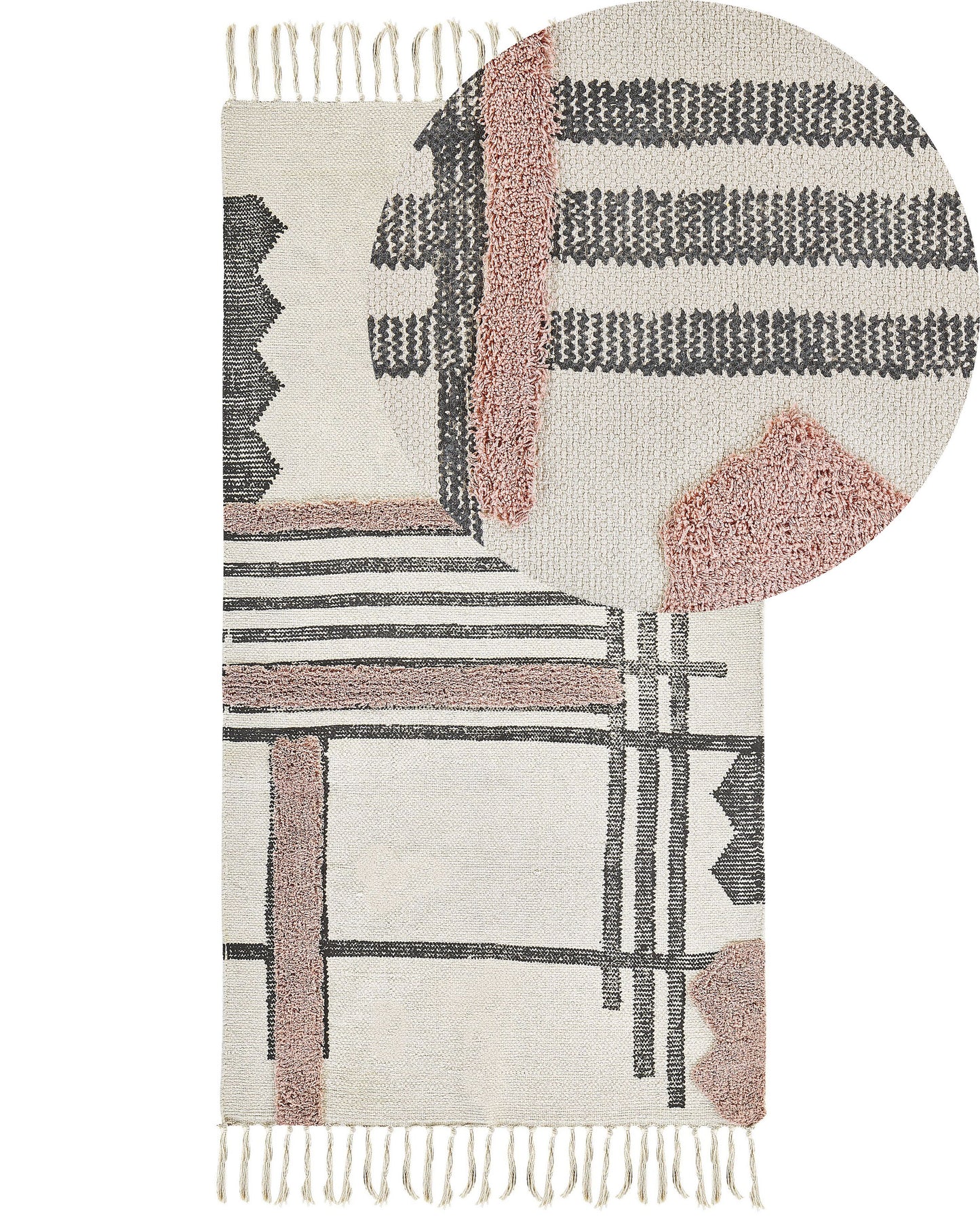 Handwoven Cotton Area Rug 80 X 150cm Beige Black Fringe Scandinavian Pattern