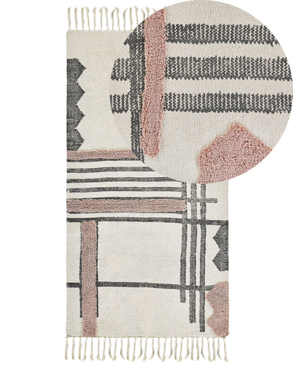 Handwoven Cotton Area Rug 80 X 150cm Beige Black Fringe Scandinavian Pattern