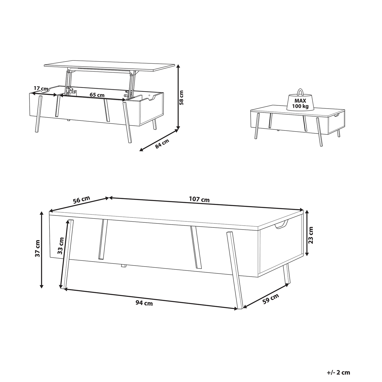 Lift Top Coffee Table Light Brown Chipboard With Black Metal Legs 107 x 59cm