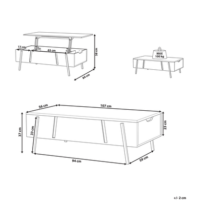 Lift Top Coffee Table Light Brown Chipboard With Black Metal Legs 107 x 59cm